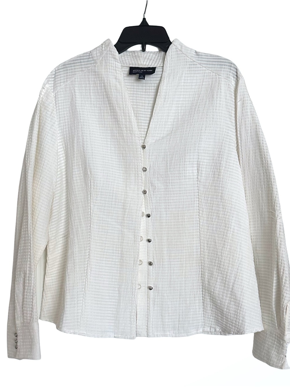 NWT Jones New York White Textured 100% Cotton Long Sleeve V-Neck Blouse